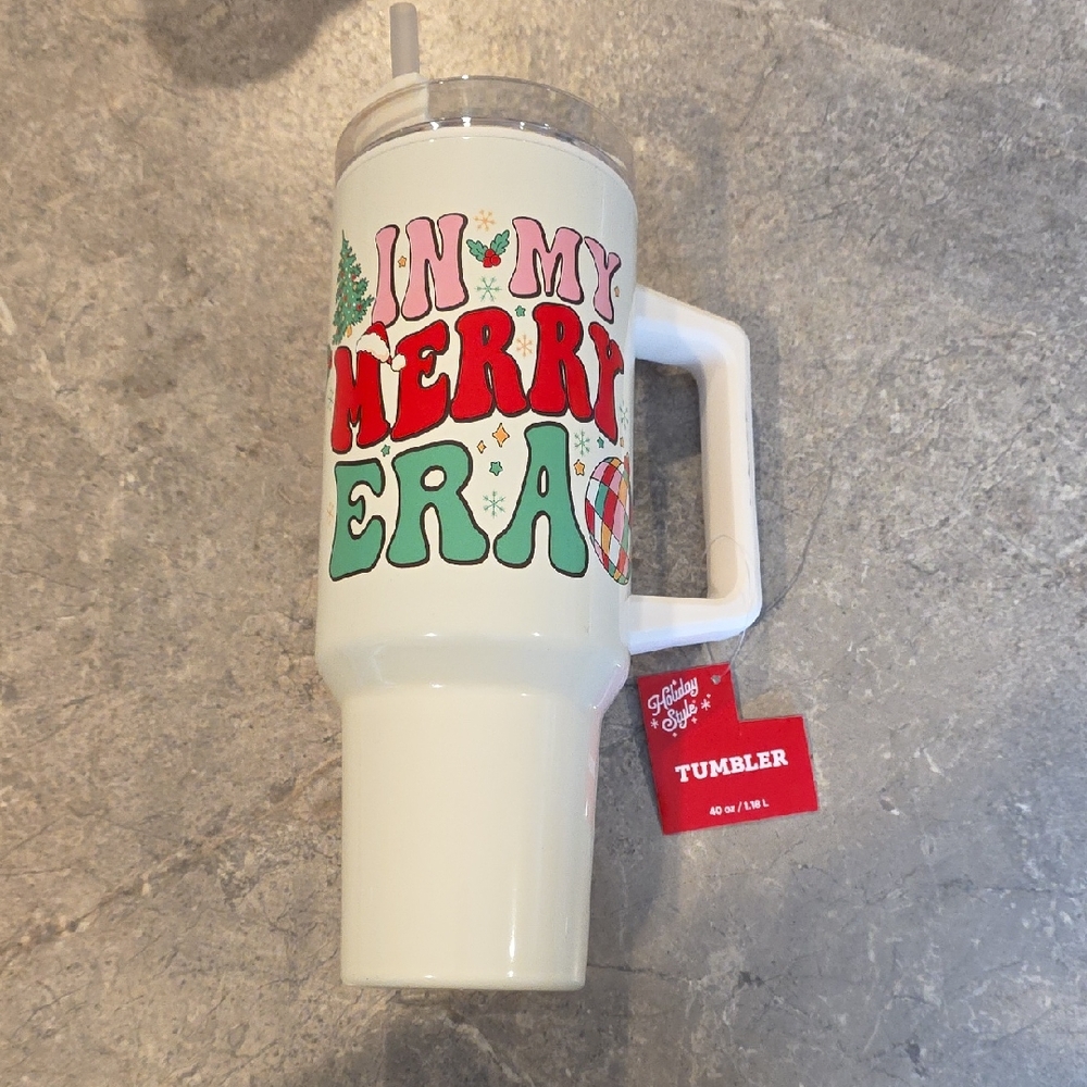 (J63) Holiday Time White and Red Tumbler 40 Oz